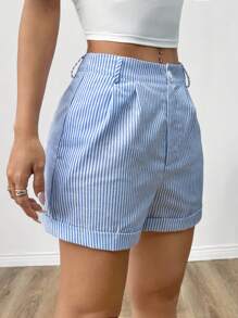 Comfortcana Plus Size Blue Striped Casual Shorts, Fashionable And Suitable For Everyday Wear, Spring