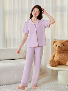 少女粉色簡約短袖上衣和長褲家居服套裝，適用於春夏季 - 粉色 - 查看 5