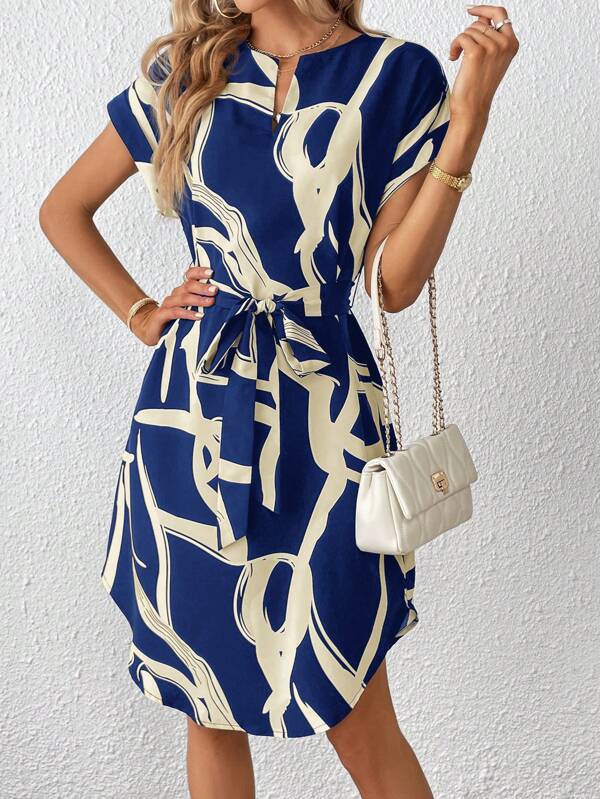 SHEIN Privé Rochie de damă, cu guler crestat, cu curea imprimată, pentru primăvară/vară