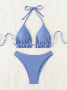 SHEIN Swim 純色荷葉邊無線露肩頸二件式比基尼套裝，夏日沙灘必備 - 淺藍色 - 查看 6
