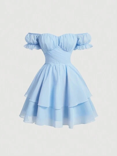 SHEIN MOD Solid Color Off Shoulder Vintage Dress