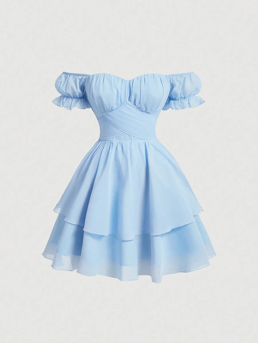 SHEIN MOD 纯色露肩复古连衣裙 - 淺藍色 - 查看 1