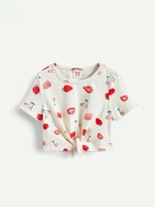 Cozy Pixies Baby Girls' 2pcs/Set Cartoon Strawberry Pattern Round Neck Top With Regular Shoulder Matching Set - Multicolor - View 9