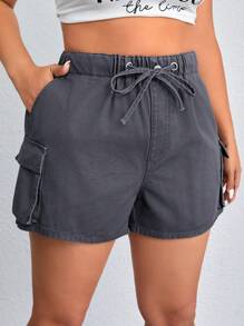SHEIN EZwear Plus Size Comfortable Water Washed Casual Fashion Workwear Drawstring Simple All-Match Denim Shorts - Grey - View 1