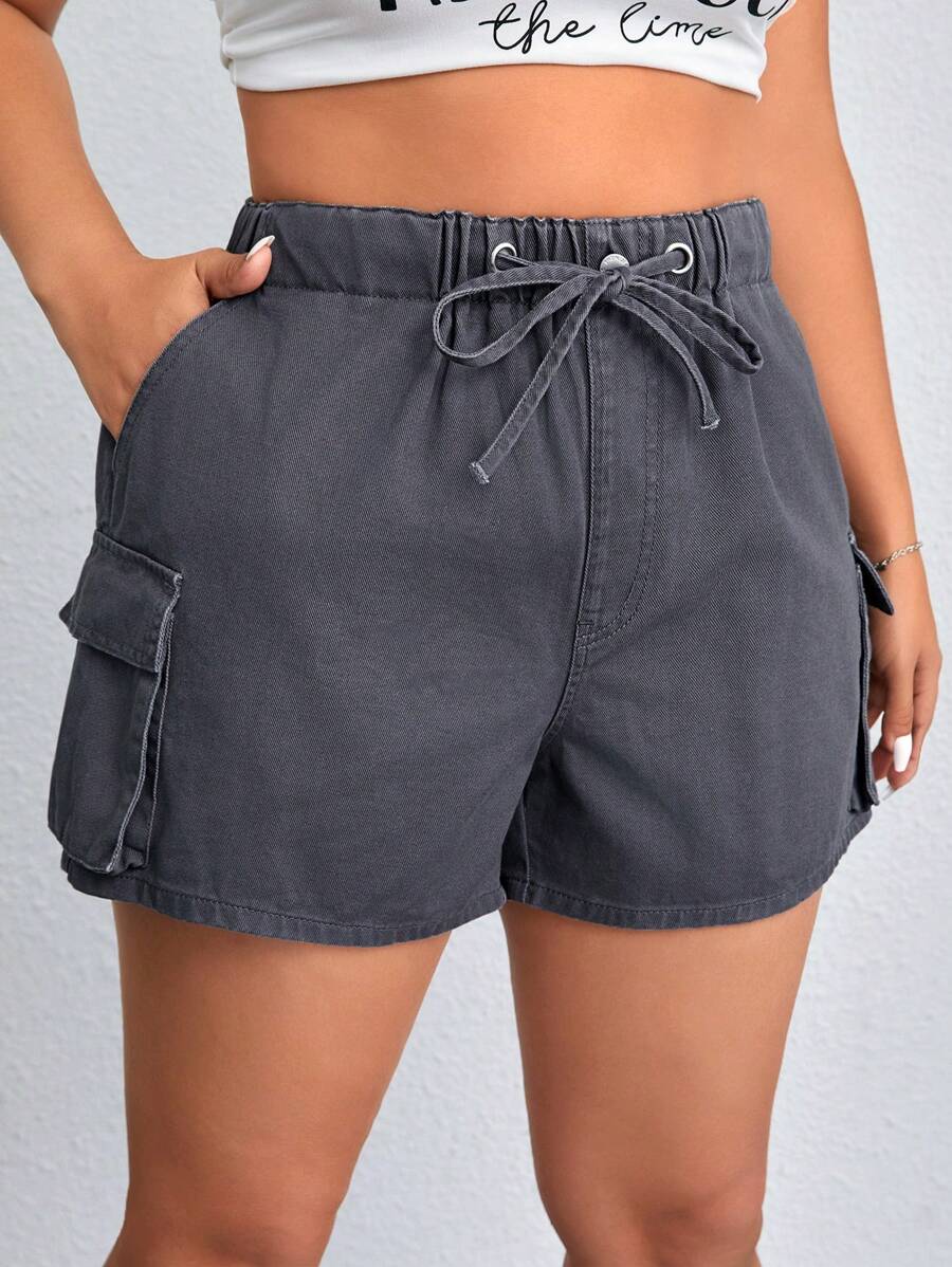 SHEIN EZwear Plus Size Comfortable Water Washed Casual Fashion Workwear Drawstring Simple All-Match Denim Shorts - Grey - View 1