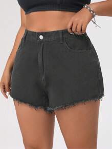 SHEIN ICON 大碼女裝火焰印花流蘇邊牛仔短褲 - 灰色 - 查看 3