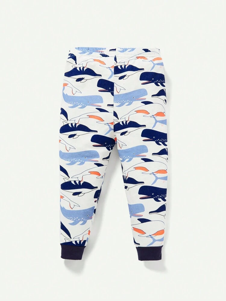 Baby Boy Snug Fit Pajamas Set With Cartoon Dolphin Pattern Color Block Round Neck Long Sleeve Top And Jogger Pants