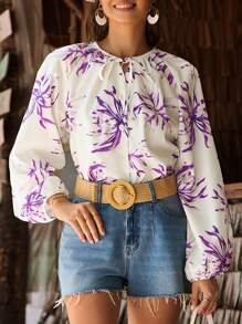 Aveloria Ladies" Simple And Elegant Random Floral Printed Tie-Waist Long Sleeve Shirt
