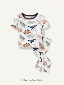 Bộ đồ ngủ vừa vặn cho bé trai, áo thun tay ngắn cổ tròn họa tiết khủng long phối màu kèm quần thường ngày - Màu be - Xem 1