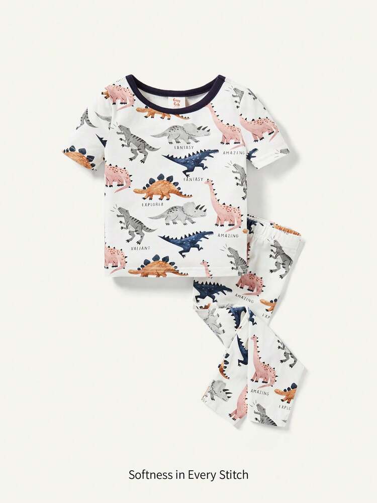 Baby Boy Snug Fit Pajamas Set, Dinosaur Pattern Color-Blocked Round Neck Short Sleeve Top With Casual Pants