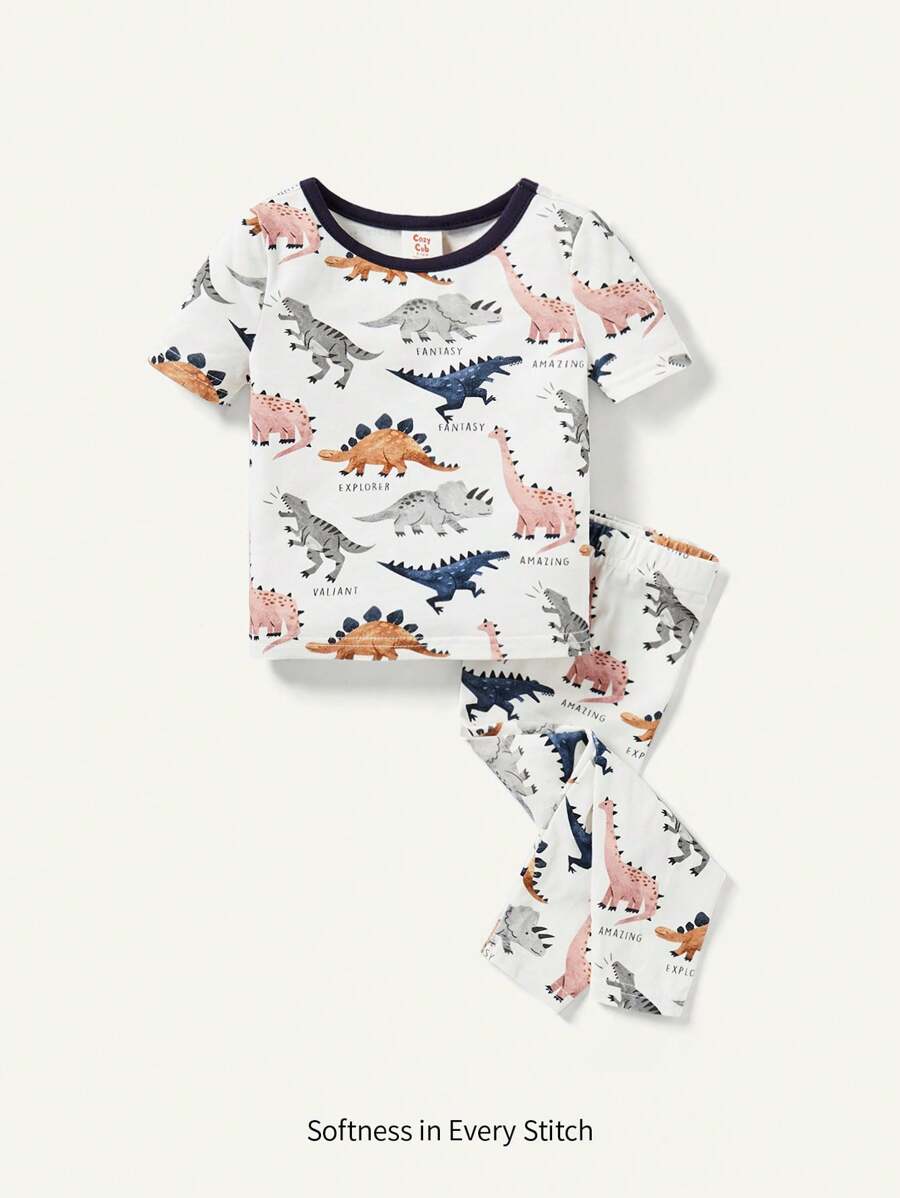 Bộ đồ ngủ vừa vặn cho bé trai, áo thun tay ngắn cổ tròn họa tiết khủng long phối màu kèm quần thường ngày - Màu be - Xem 1