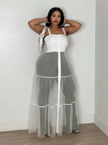 Slaydiva Áo không tay cỡ lớn dành cho nữ khi đi nghỉ hoặc giải trí, vải dệt trơn, không có chun và thiết kế tương phản bằng lưới - trắng - Xem 4