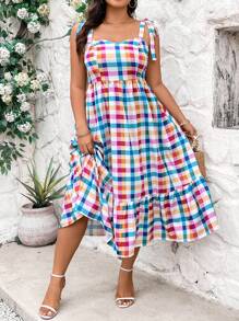 Calvaya 純棉格紋肩結背心裙,夏日大尺碼女裝 - 彩色 - 查看 4