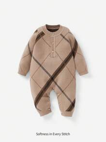 Cozy Pixies Baby Girl Plaid Pattern Knit Jumpsuit - Khaki - View 1
