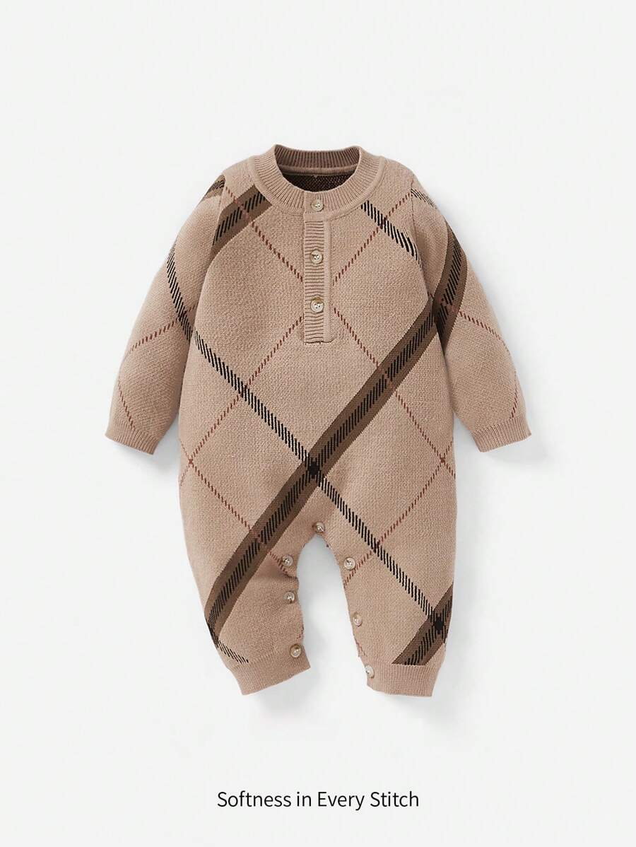 Cozy Pixies Baby Girl Plaid Pattern Knit Jumpsuit - Khaki - View 1