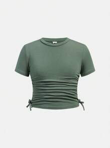 SHEIN Conjunto De 3 Camisetas De Punto Sólido Con Cuello Redondo Y Manga Corta Casual Fruncido Para Niñas Jóvenes