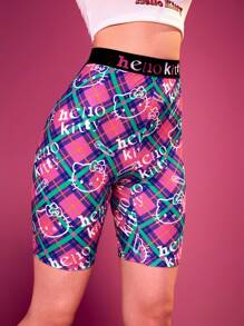 HELLO KITTY AND FRIENDS | SHEIN Cartoon Letter Print Plaid Cycling Shorts - Multicolor - View 3
