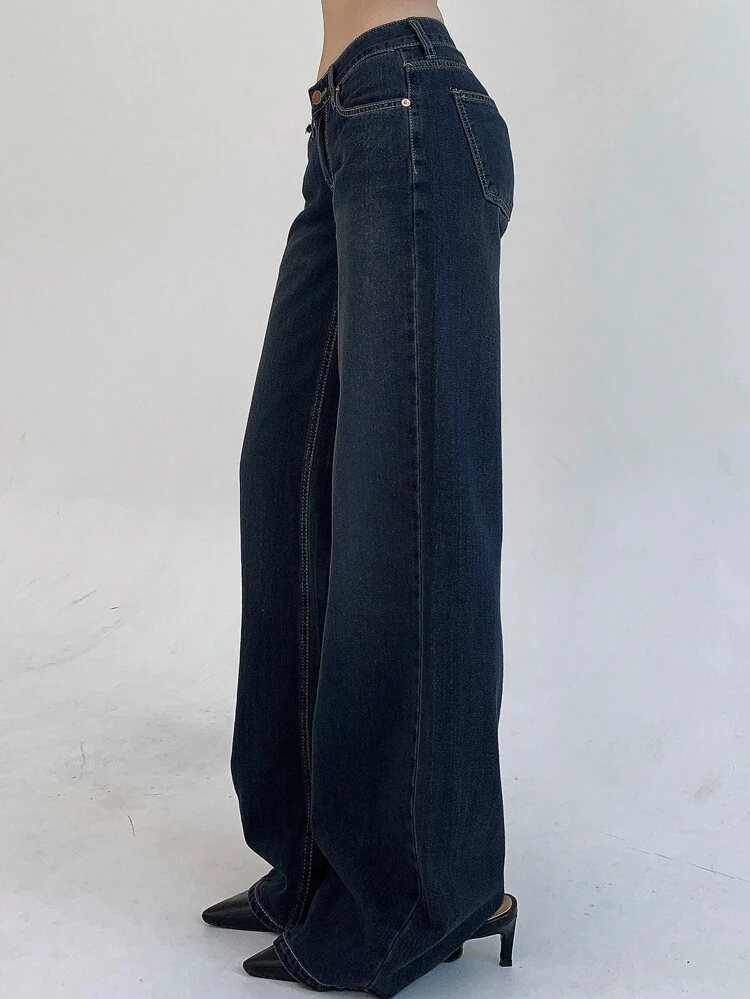 Women's Low Waist Summer Flared Denim Jeans,Ladies Button,Pocket,Zipper Drop Waist Straight Leg Long Dark Wash Curvy Loose Women Jeans,Spring/Fall,Casual Daily Wear Y2k