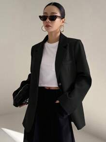 DAZY Women's Notched Collar Solid Color Wide Strap Loose Fit Pocket Blazer, Suitable For Daily Commute,Fall Clothes Business Attire - Black - View 4