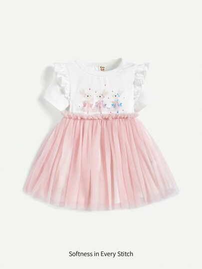 Cozy Pixies Baby Girl Cartoon Bunny Pattern Short Sleeve Mesh Yoke Dress With Elastic Waist