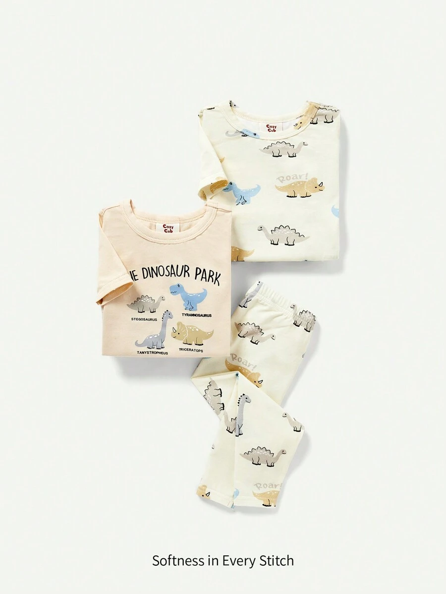 Baby Boy Snug Fit Pajamas, Cartoon Animal Patterned Long Sleeve Top And Pants, 3pcs Set - Apricot - View 1