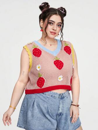 Kawaii Plus Size Strawberry Pattern Color Block V-Neck Hollow Out Knitted Fashion Summer Sweater Vest