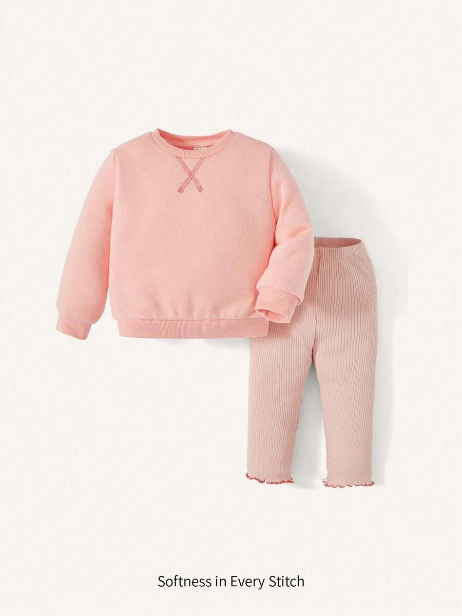 Cozy Pixies 女嬰素色運動衫&木耳邊長褲 - 粉色 - 查看 1