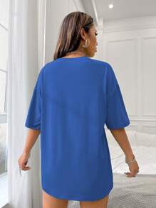 SHEIN LUNE California West Coast Graphic Curved Hem Oversized T-Shirt For Summer Graphic Tees Women Tops, Unisex - Royal Blue - View 2