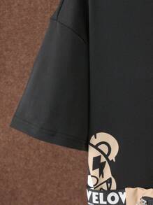 Teen Boy Bear Print Hooded Short Sleeve Top & Solid Color Tapered Leg Cargo Pants Two Pieces Set