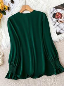SHEIN LUNE Plus Notched Neckline Flare Sleeve Blouse - Dark Green - View 2