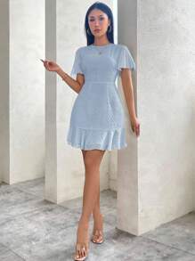 SHEIN Privé Women's Summer Solid Color Chiffon Ruffle Hem Short Dress,Pastel Dresses For Women,Business Casual Woman