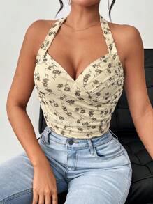 SHEIN Privé Women's Floral Printed Ruffle Decor Halter Neck Top With Tie Neck - Black and White - View 6