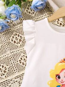 SHEIN Young Girl Summer Mesh Splicing Portrait Printed Dress With Ruffle Detail - Blue - View 3