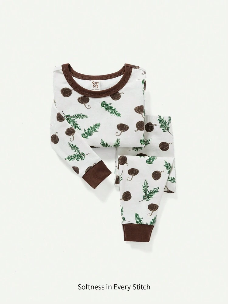 Baby Boy Snug Fit Pajama Set With Cartoon Printed Round Neck Top And Color Block Long Pants