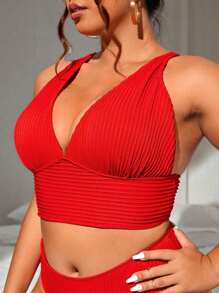 Swim Lushoire 2025 大码女式纹理露背吊带泳衣上衣夏季 - 紅色 - 查看 4