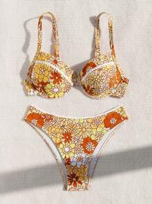 SHEIN Swim Summer Beach Vacation Floral Print Bikini Set For Playing And Swimming In Water - Orange - View 6