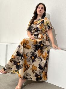 Mulvari Plus Size Women's Fashionable Short-Sleeved Dress With Floral Print Women Outfit, For Summer