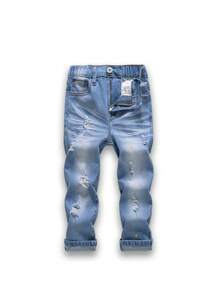 Young Boy Jeans New Casual Fashionable Paint Splatter Ripped Design Jeans With Pockets - Medium Wash - View 1