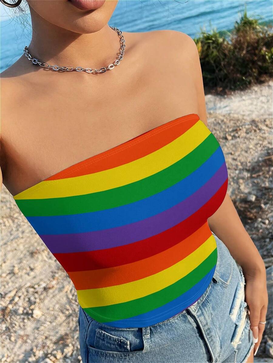 SHEIN EZwear 女士休閒彩虹圖案無肩帶緊身背心適合夏季穿著 - 白色 - 查看 1