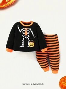 Cozy Pixies Baby Boy Halloween Printed Red & Black Color Block Top And Striped Pants Set - Multicolor - View 1