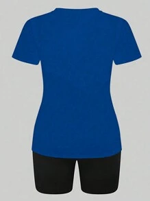 SHEIN LUNE 大尺碼女士夏季心形印花棒球t恤和短褲套裝 - 彩色 - 查看 2