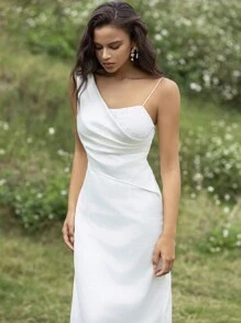 Anewsta Solid Color Patchwork Lace Asymmetrical Shoulder Sleeveless Bodycon Elegant Dress For Women With Hip Package - White - View 2
