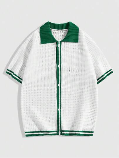 Prep Camisa de punto con botones informal y elegante a rayas verdes para uso diario, escuela