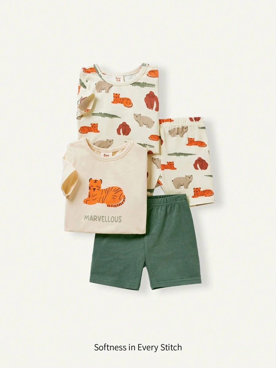 Cozy Pixies Em bé Con trai Vừa Khít Bộ đồ ngủ , Bao gồm Hoạt hình Mô hình Áo , Giải trí Quần short Và , 4pcs - Màu be - Xem 1