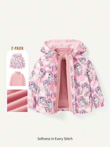 Thickened And Thermal Lined Baby Girls' Cartoon Animal Pattern Hooded Coat (Can Be Worn Two Ways) Suitable For Winter - Pink - View 1