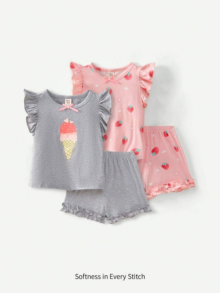 4pcs/Set Baby Girls' Cartoon Strawberry Pattern Short Sleeve Top With Ruffle Trim & Bow Decor And Shorts Matching Set