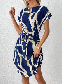 SHEIN Privé Women's Notched Collar Printed Belted Casual Dress For Spring/Summer