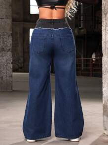 SHEIN SXY Leichte Freizeit-Jeans für Damen mit weitem Bein und eingefügtem Farbkontrast mit aufgerissenem Saum