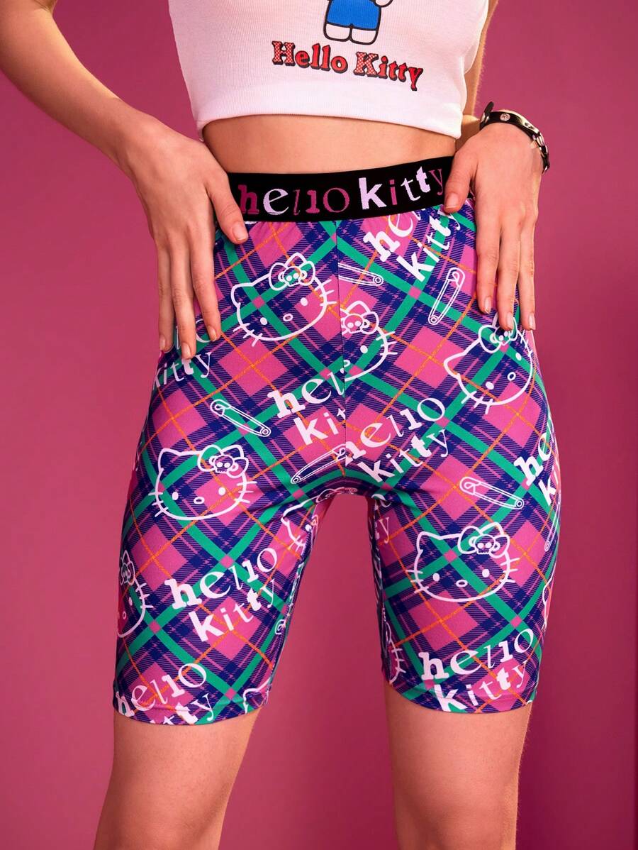 HELLO KITTY AND FRIENDS | SHEIN Cartoon Letter Print Plaid Cycling Shorts - Multicolor - View 1