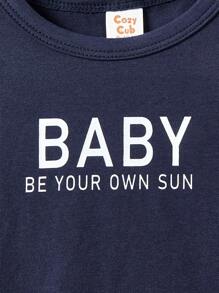 Bộ áo và quần ngắn cổ tròn thường ngày có in chữ cho bé trai - Màu xanh lam - Xem 3